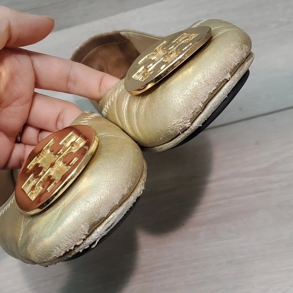 Tory Burch Women Logo Metallic MinnieLeather Gold Loafer Flat Ballet shoes sz 9M